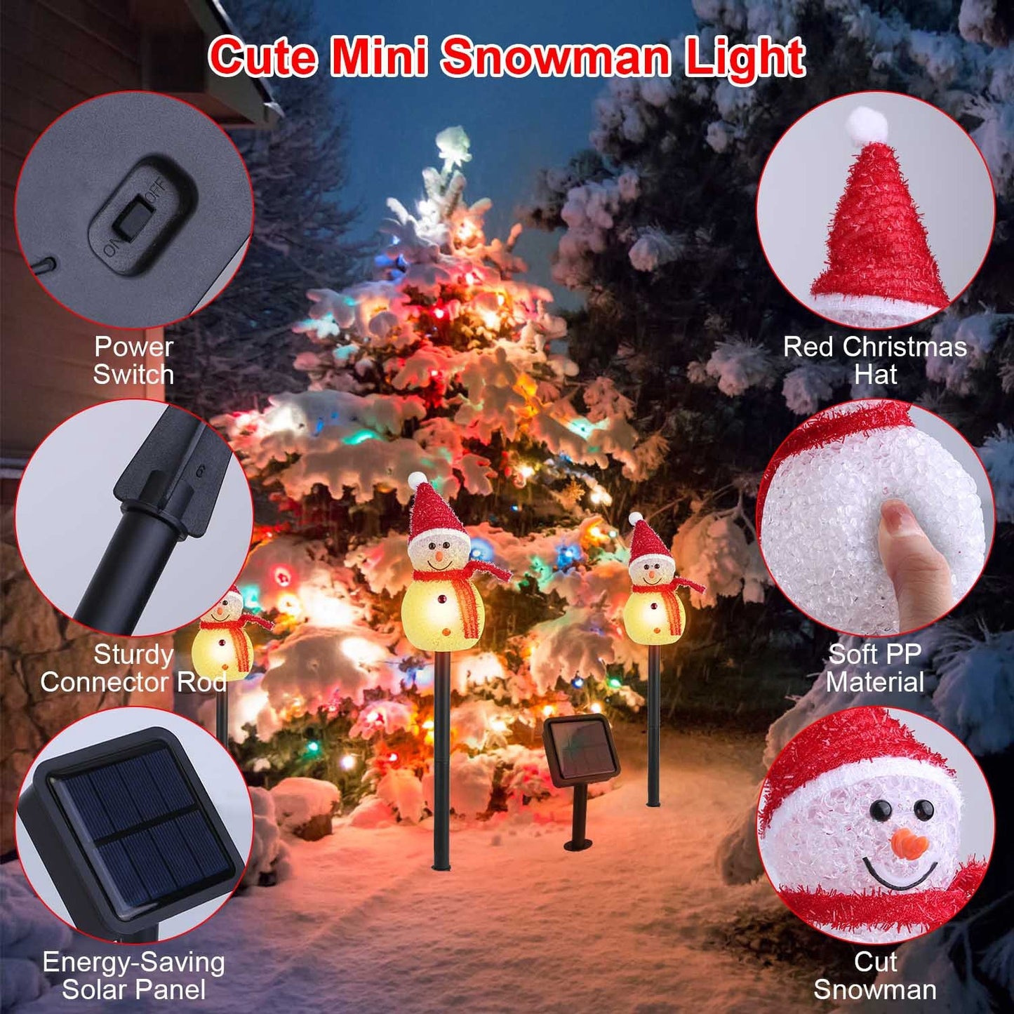 1Pc Solar Powered Lamp 3 Snowmen Outdoor Decorative Christmas Lamp Garden Stake Light IP55 Waterproof Santa Landscape Light Warm White LED Lighting Pathway Yard Patio